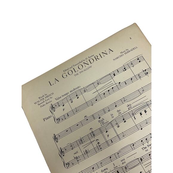 La Golondrina he Swallow Sheet Music 1923 Narciso Serradell Walter Hirsch - Picture 3 of 5